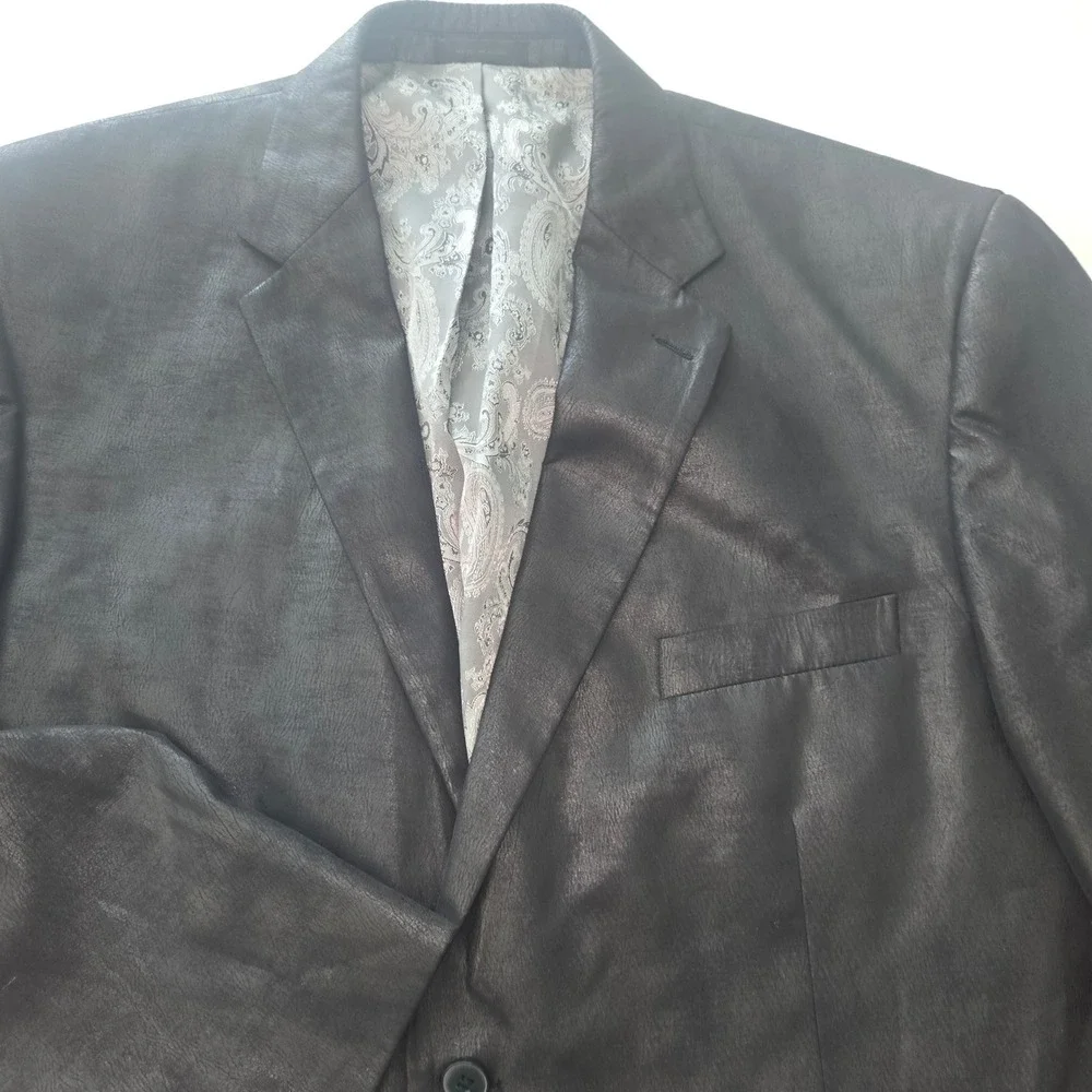 Andrew Fezza Mens Black Faux Leather Blazer Two Button Paisley Lined Jacket
